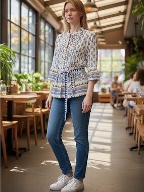 Women's Blue & White Printed Tunic with Tan Trim